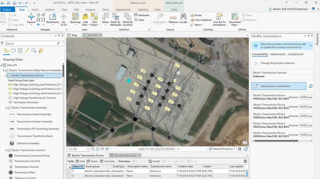 An aerial view of an electrical substation with multiple labeled data points displayed on the image. 