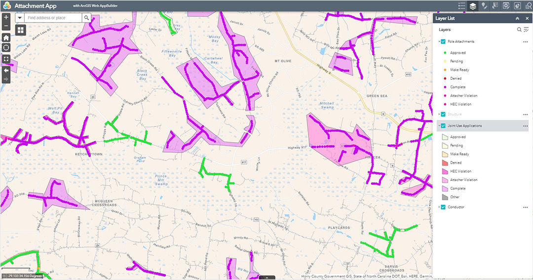 A digital map showcasing various regions marked in purple and green overlays.