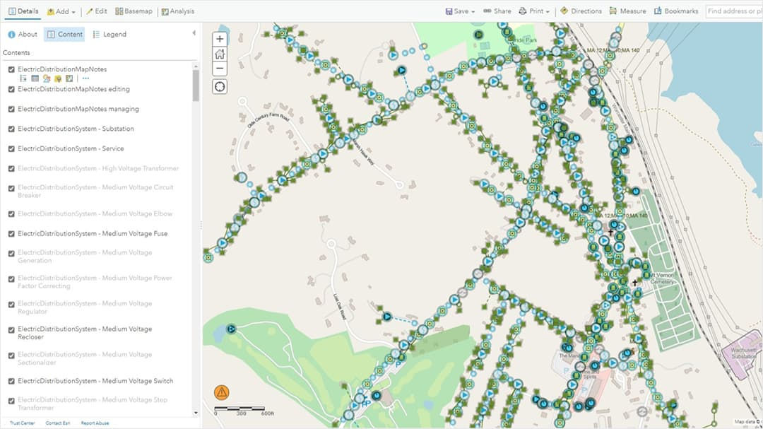 A detailed map showcasing an electrical grid layout with numerous nodes and connections.