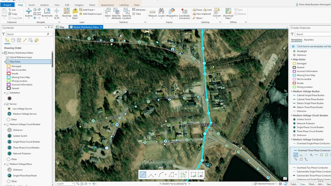 An aerial map displaying a detailed view of a rural area with roads, buildings, and natural features.