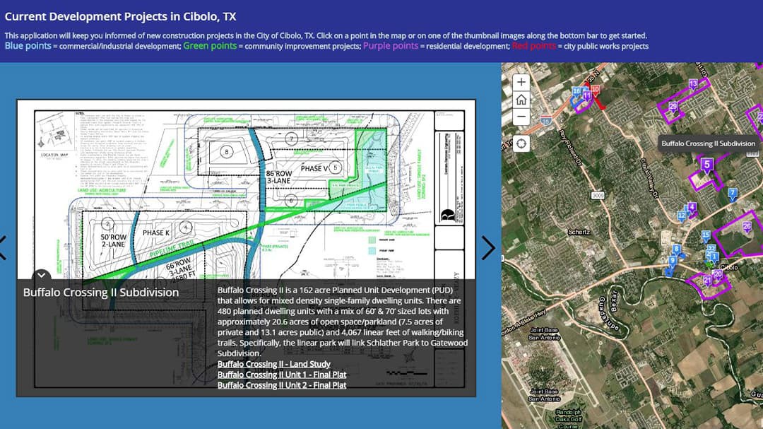 Colorful plotted data map of current development projects in Cibolo, Texas