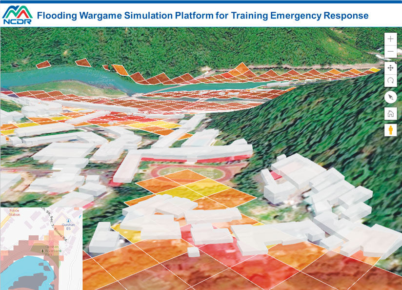 A digital simulation platform showcasing flood risk zones in a mountainous urban area. 