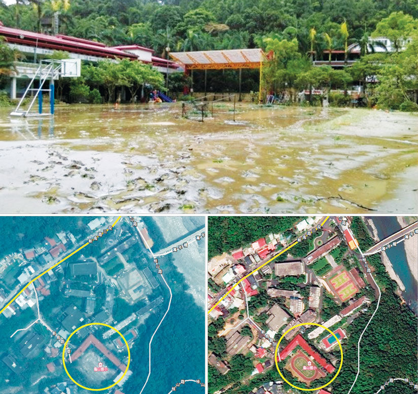A basketball court submerged in floodwaters, surrounded by lush greenery and nearby structures.