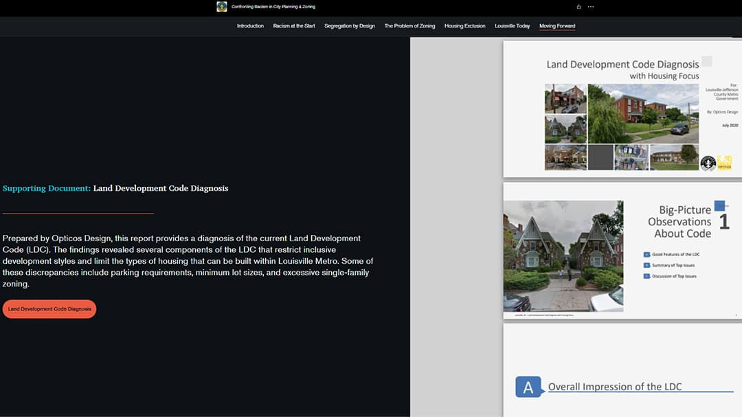 A report titled 'Land Development Code Diagnosis with Housing Focus' is displayed alongside visuals of residential areas and urban planning concepts.