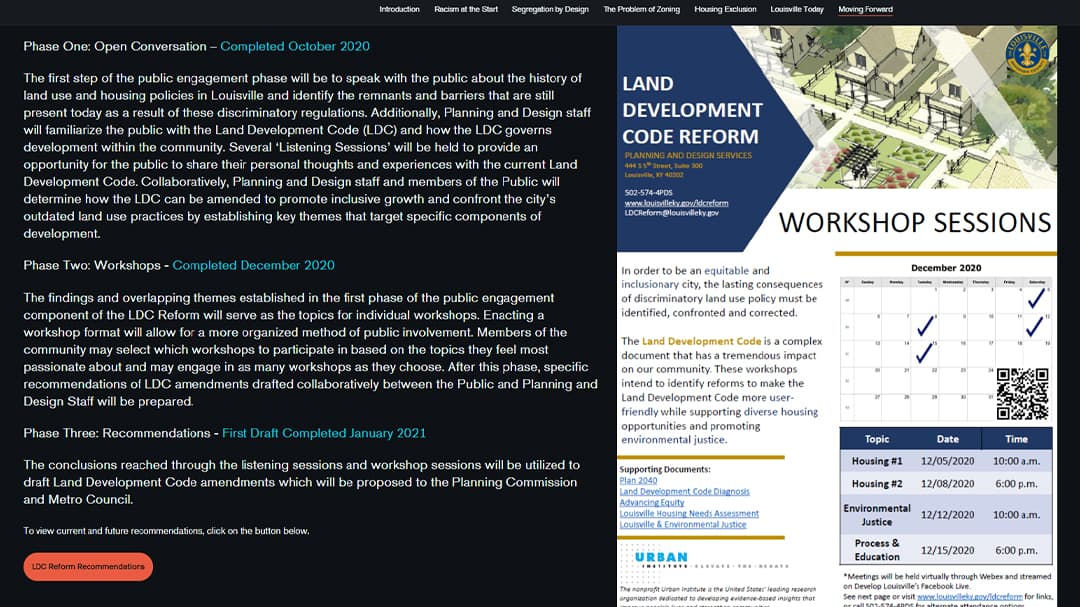 A flyer promoting workshop sessions for Land Development Code reform, featuring a detailed schedule and QR code for registration.