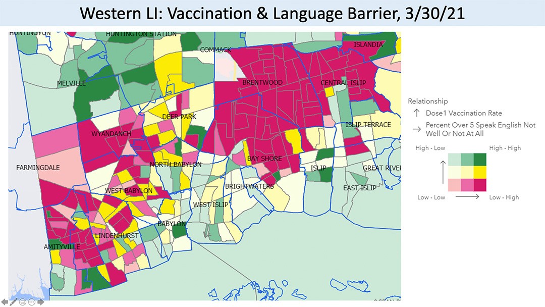 A color-coded map with showcasing vaccination data and language barrier data from March 2021 in west Suffolk County.