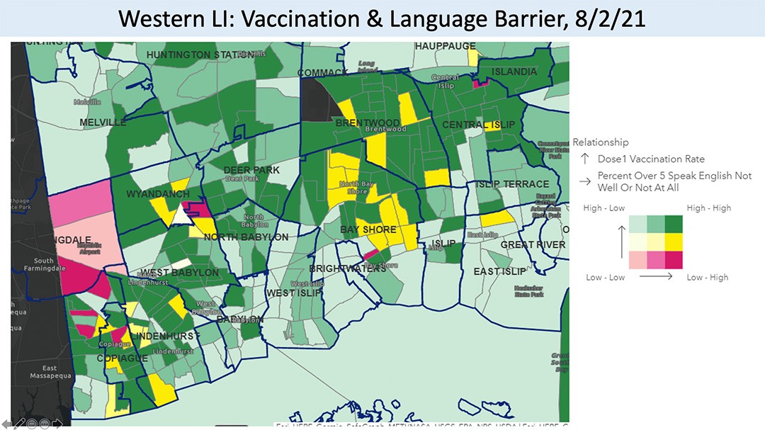 A color-coded map with showcasing vaccination data and language barrier data from August 2021 in west Suffolk County.