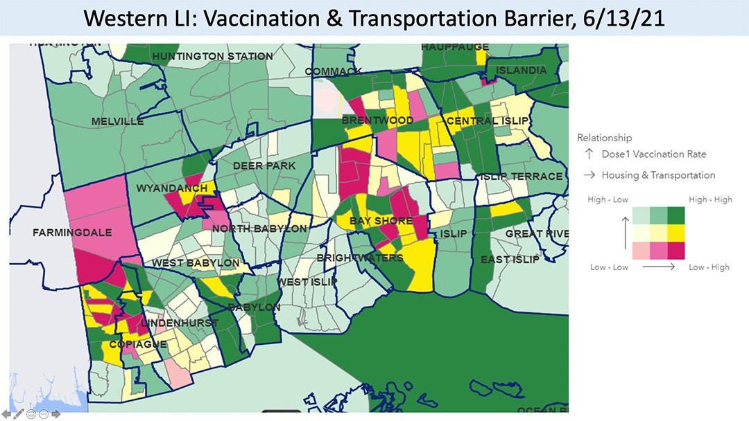A color-coded map with showcasing vaccination data and transportation data from June 2021 in west Suffolk County.