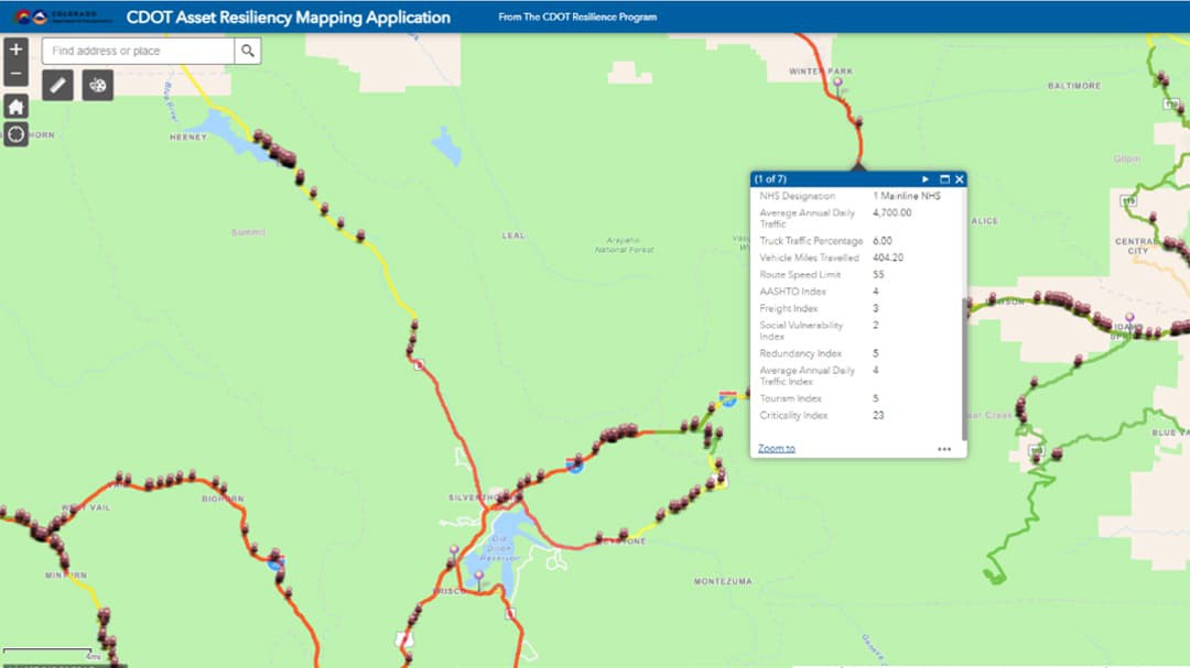 CDOT's GIS map and dashboard showing resiliency score for assets such as truck traffic, number of vehicles, and freight index