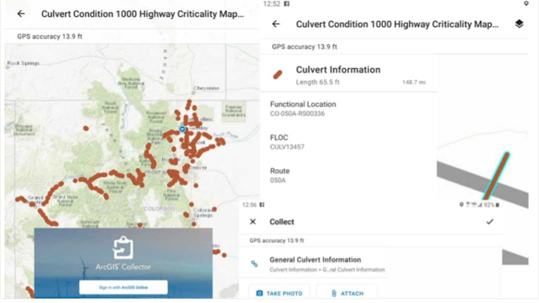 ArcGIS Collector dashboard showing map of culverts and general culvert information at a specific location