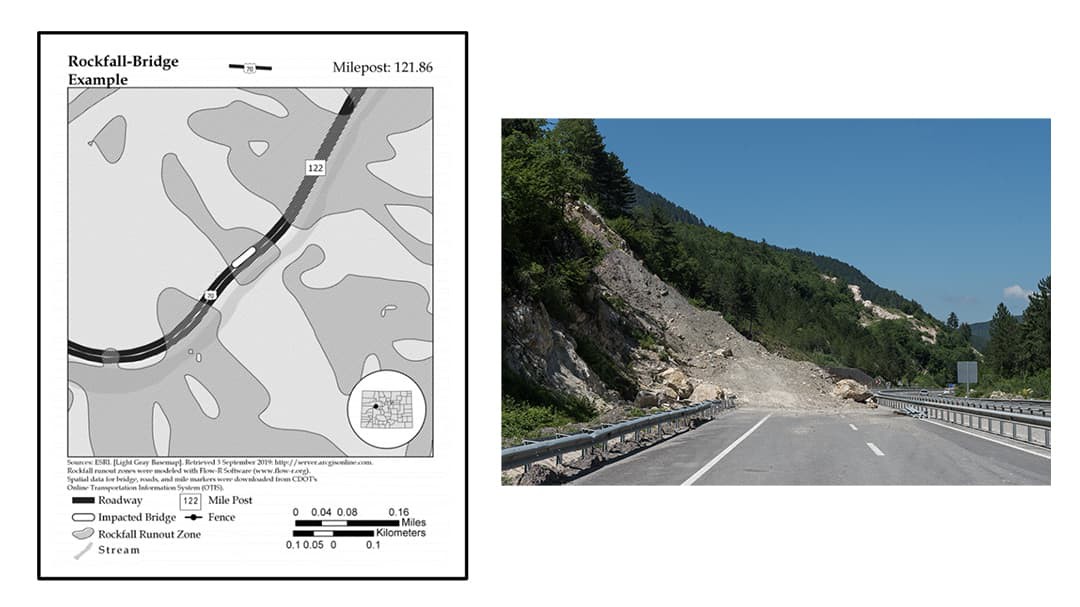 Side by side images; image on left there is a map of a rockfall bridge example and image on the right there is an image of a roadway that has been blocked by rockfall