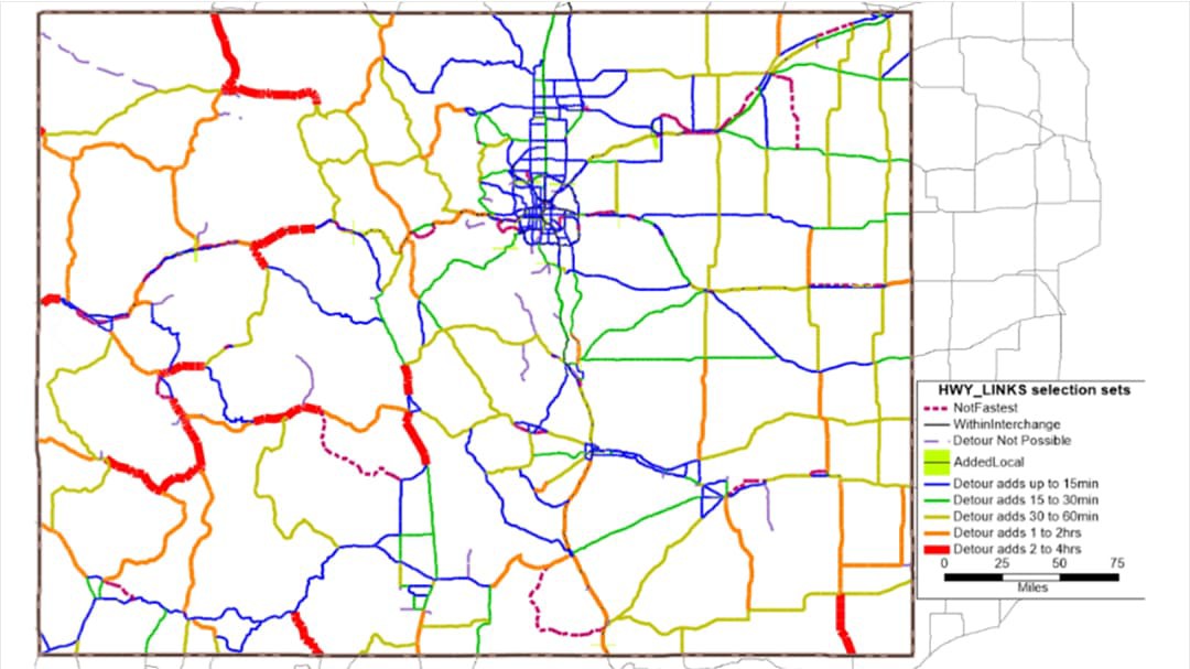 CDOT map showing highways and color coded to time impacts to highways if a detour is required