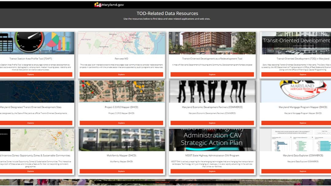 A webpage showcasing various transit-oriented development (TOD) data resources.