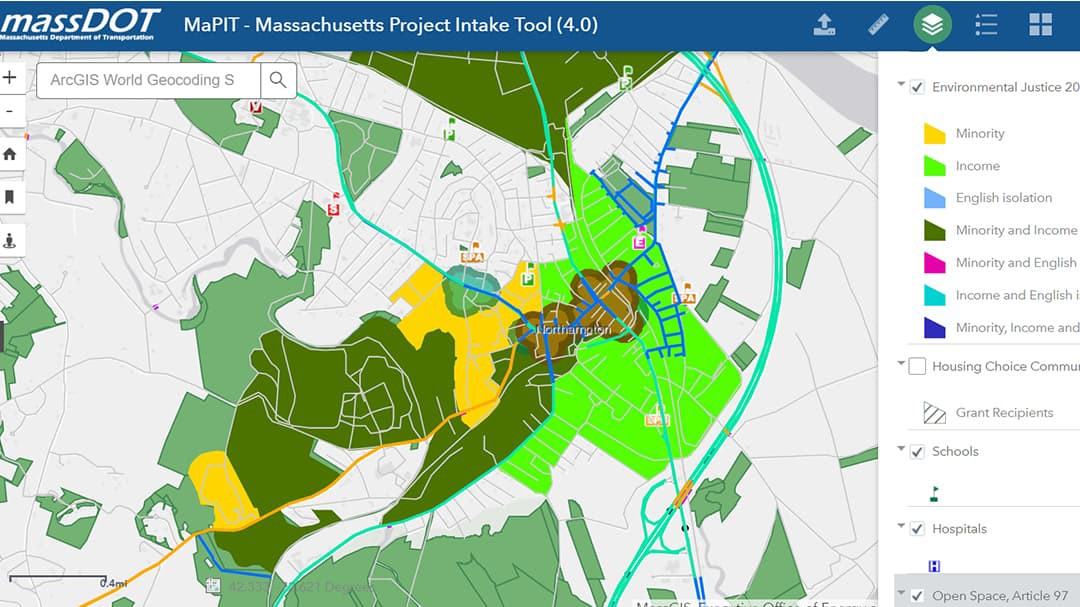 MaPIT map with ArcGIS World Geocoding layers to show Environmental Justice 20 data: income, language, schools, and hospitals