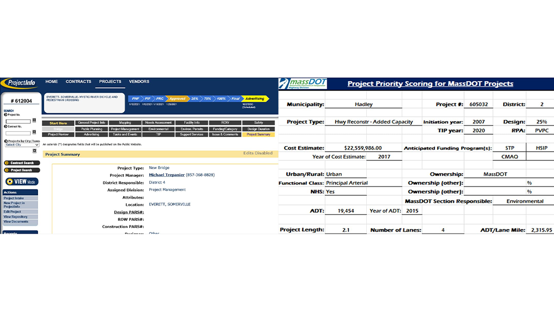 Web portal for project priority scoring showing details such as project type, cost, length, and status of completion