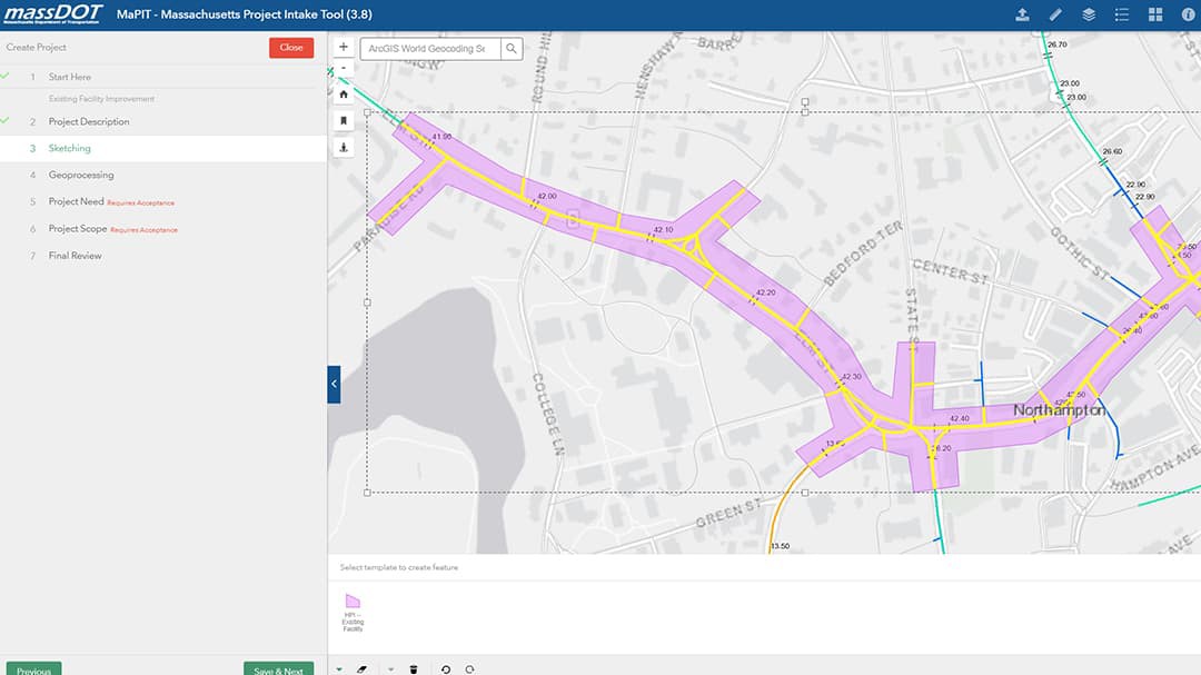 MassDOT MaPIT app showing map and details for a project including description, sketching, geoprocessing, need, and scope
