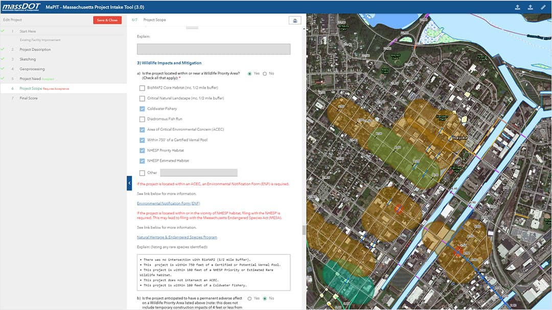 MassDOT MaPIT dashboard showing a map and details of a region's wildlife impact and mitigation