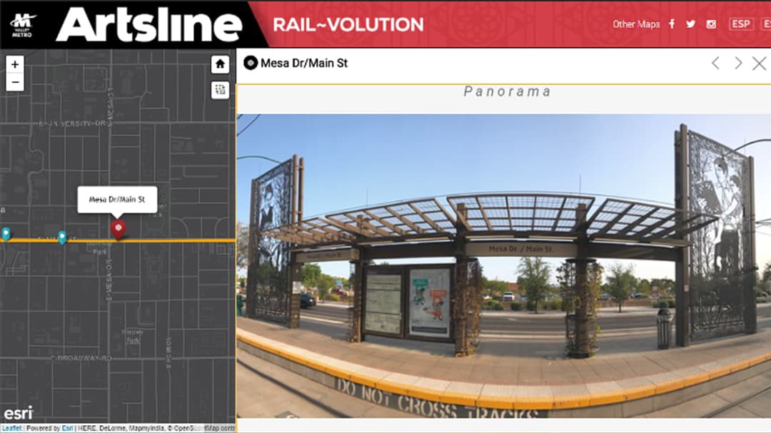 Artsline Rail-volution light rail map with a photograph of the Mesa Dr/Main St stop.
