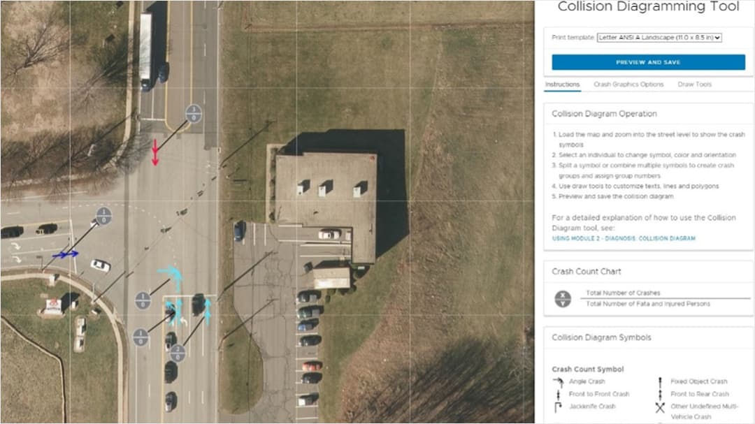 An aerial image showing a road intersection with vehicles and collision diagram symbols overlaid. 