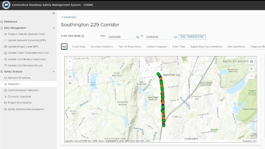 A detailed map showcasing the Southington 229 Corridor with crash data points marked along the route. 