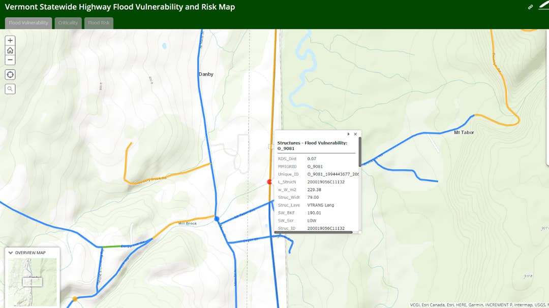 A digital map highlighting flood vulnerability and risk for highways in Vermont. 