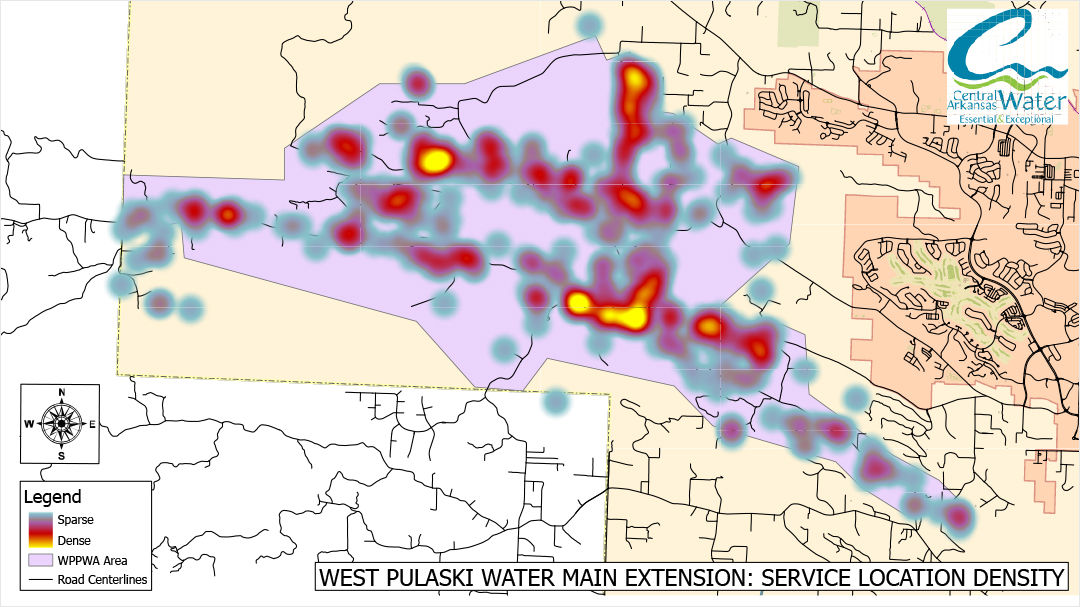 A heatmap showing service location density for the West Pulaski Water main extension. 