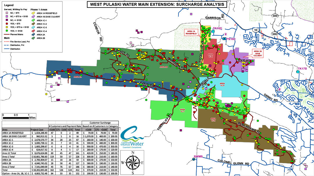 Detailed map showcasing the West Pulaski water main extension and surcharge analysis.