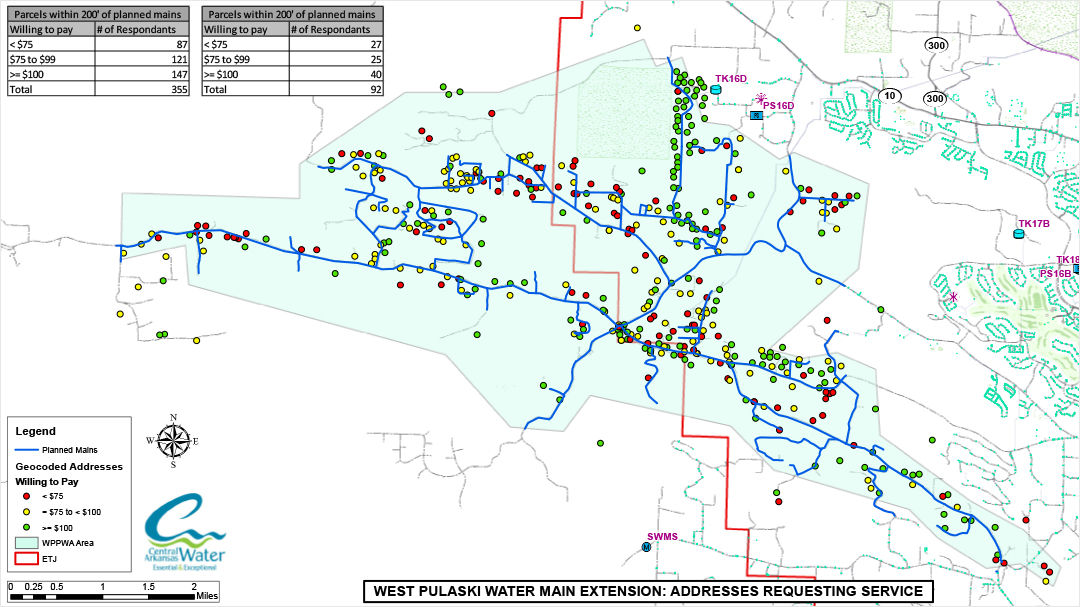 A detailed map showcasing the West Pulaski water main extension project.