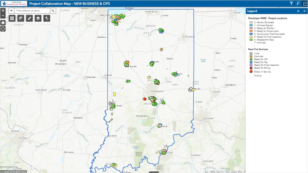A detailed map showcasing project locations across Indiana, marked with various icons and colors.