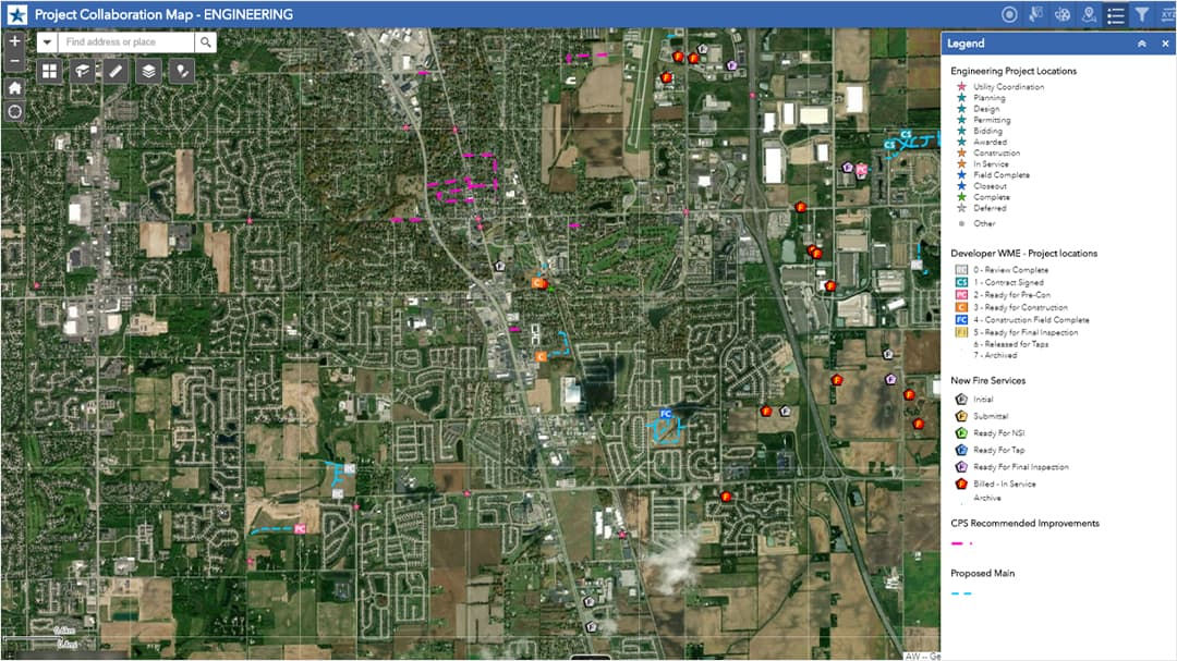 A detailed map showcasing engineering project locations across an urban and suburban area. 