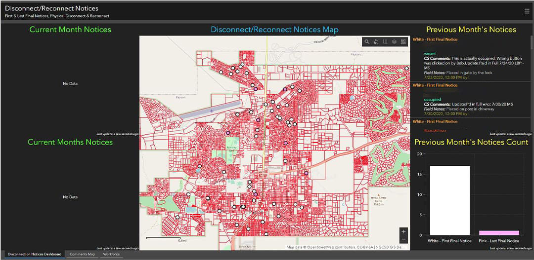 A digital dashboard displaying a map of disconnect and reconnect notices for utility services.