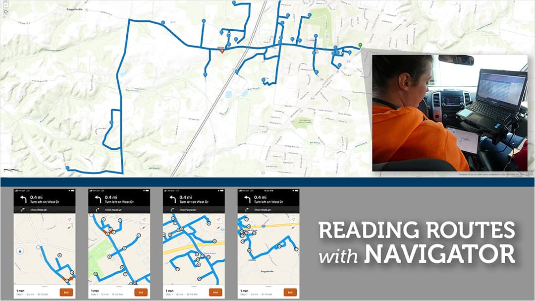 A digital map interface displays multiple routes and navigation paths.