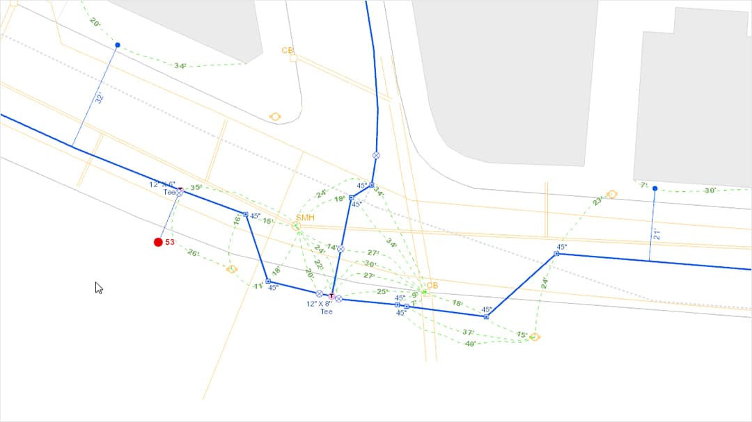 A detailed technical map showcasing various measurements and annotations.