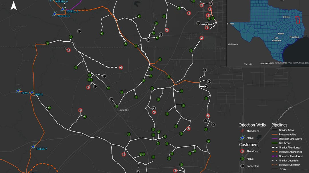 A detailed map showcasing a network of pipelines and injection wells in a geographic region. 