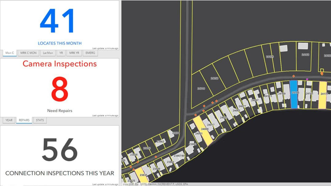 A digital utility map displaying residential plots alongside inspection statistics.