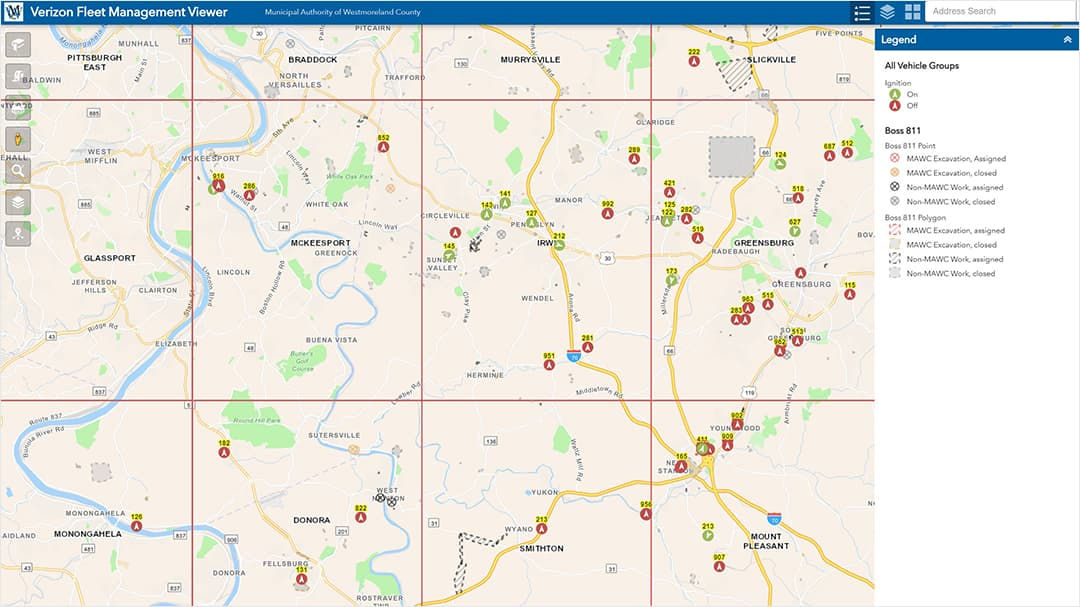 A digital map interface displaying vehicle locations and routes for fleet management. 