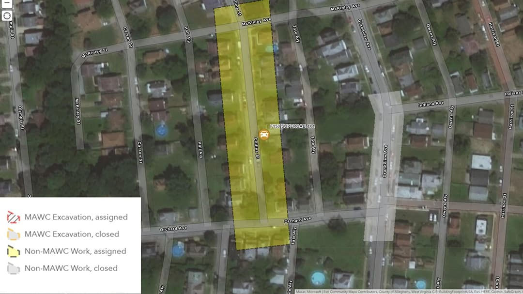 A satellite map view with a yellow-highlighted area indicating excavation zones. 