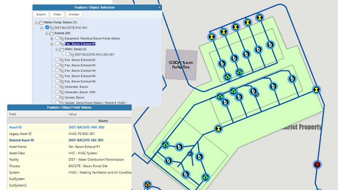 A detailed map interface showcasing a water pump station layout with labeled features and object selections. 