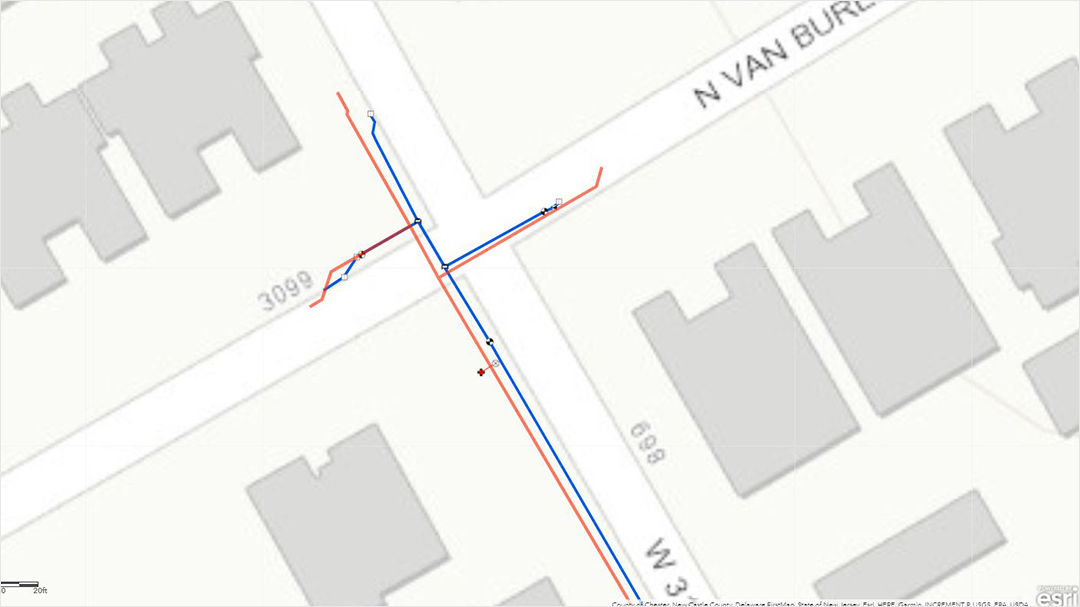 A detailed street map showing an intersection between N Van Buren Street and W 3099 Street. 