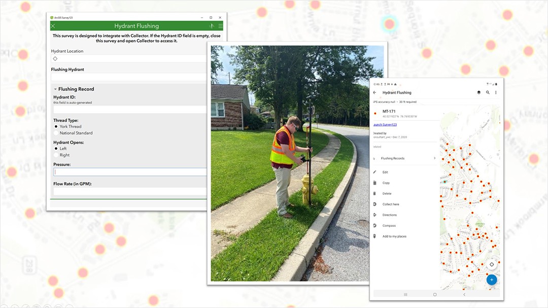 Hydrant inspection and flushing activities are captured using ArcGIS Survey123 and ArcGIS Field Maps. 