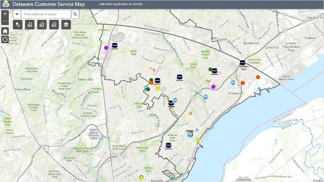 A digital map interface showcasing customer service locations across Delaware.