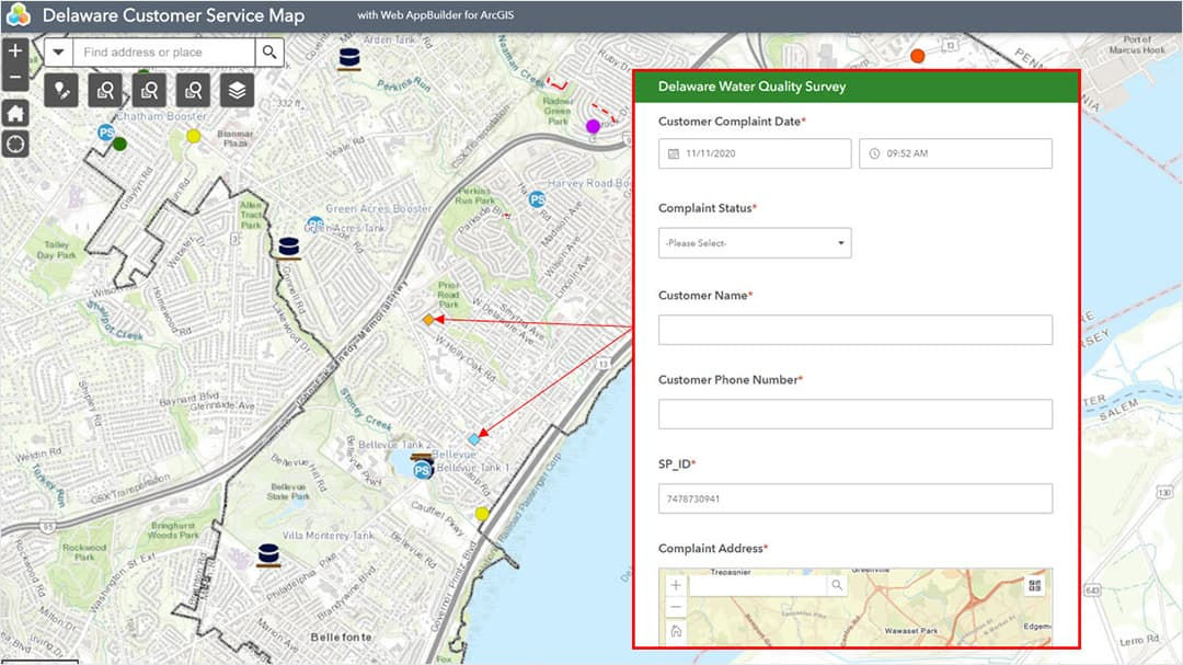 A digital interface for the Delaware Water Quality Survey is displayed on a map-based application.