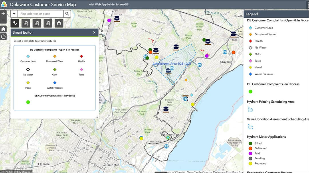 A detailed map showcasing Delaware customer service zones and active processes.