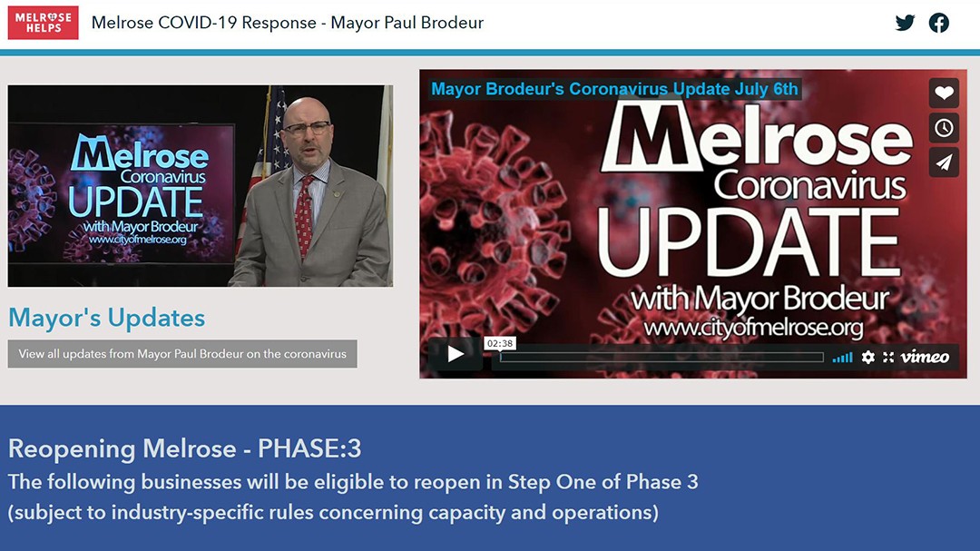 Front page of the City of Melrose COVID-19 Information Hub displaying an embedded video titled Melrose Coronavirus Update with Mayor Brodeur