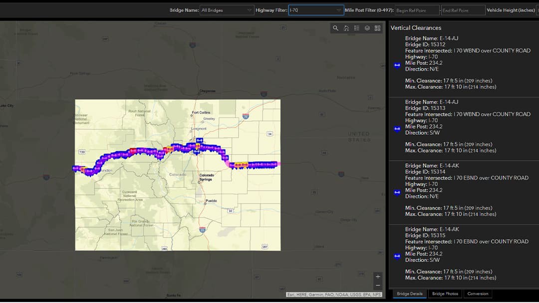 The Vertical Clearance Map shows vertical clearances of all bridges and can be filtered down to specific highways.