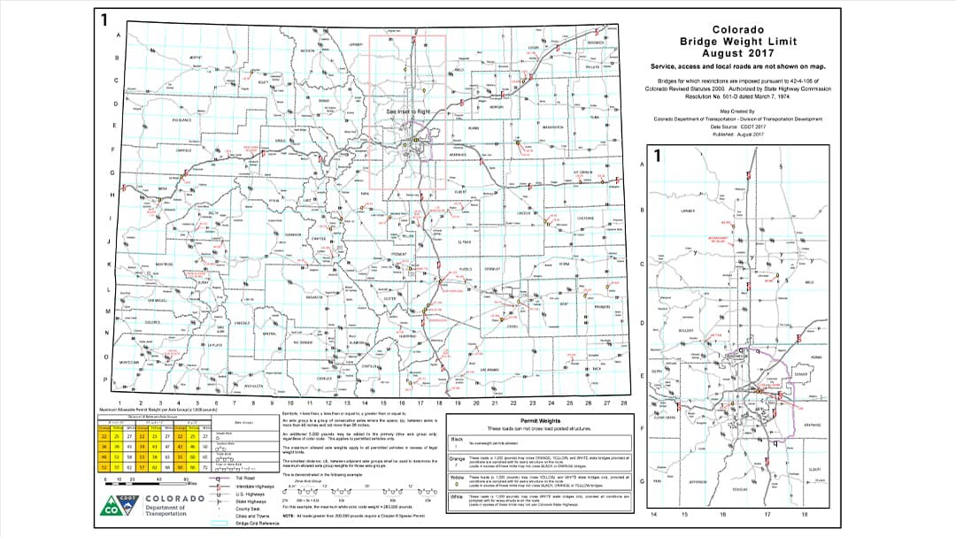 Colorado Bridge Weight Limits map, used to show the allowable weight for each bridge in the state.