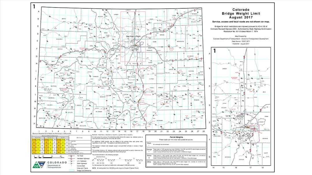 Colorado Bridge Weight Limits map, used to show the allowable weight for each bridge in the state.