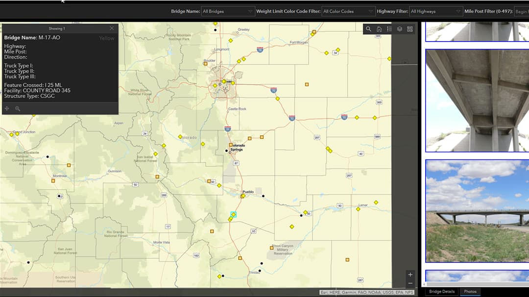 The Freight Asset Map includes a number of dashboards, which detail pertinent bridge information, including height and weight limits, in addition to providing visual references of the bridges.