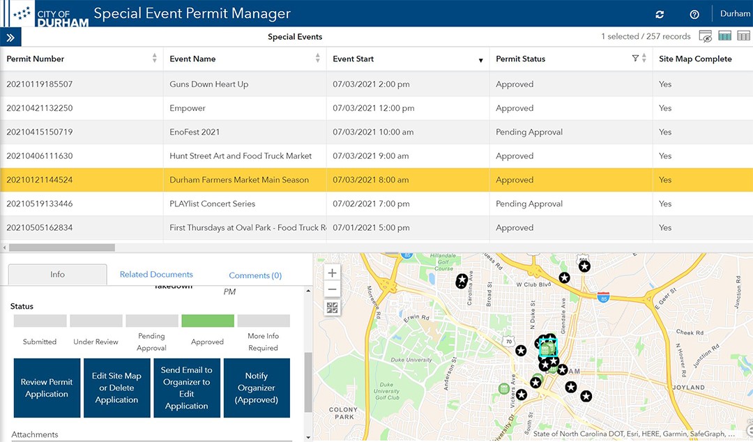 Dashboard showing list of event permit numbers, event names, start dates, permit status, and a map within the Special Event Permit Manager application 