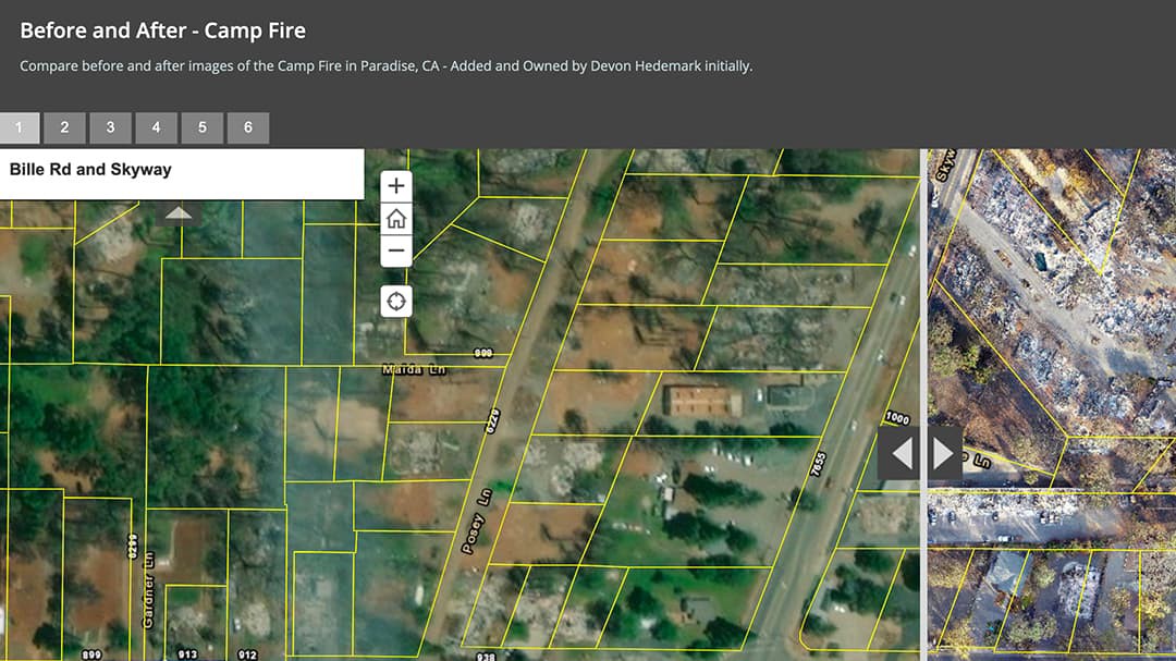 Map showing old satellite imagery of the burn area with new drone collected imagery